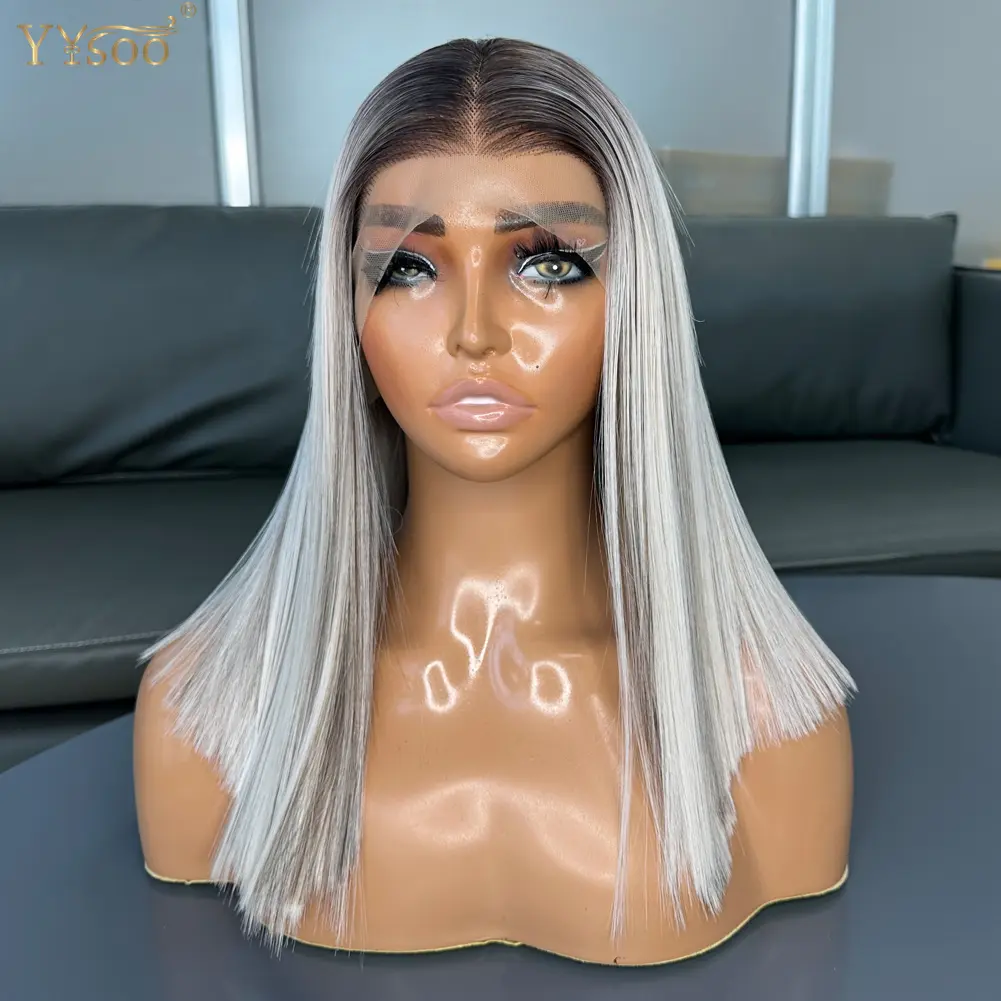 YYsoo Short Bob Highlights Silky Straight 13x4 Futura Synthetic Lace Front Wigs For Black Women Pre Plucked Half Hand Tied Wig