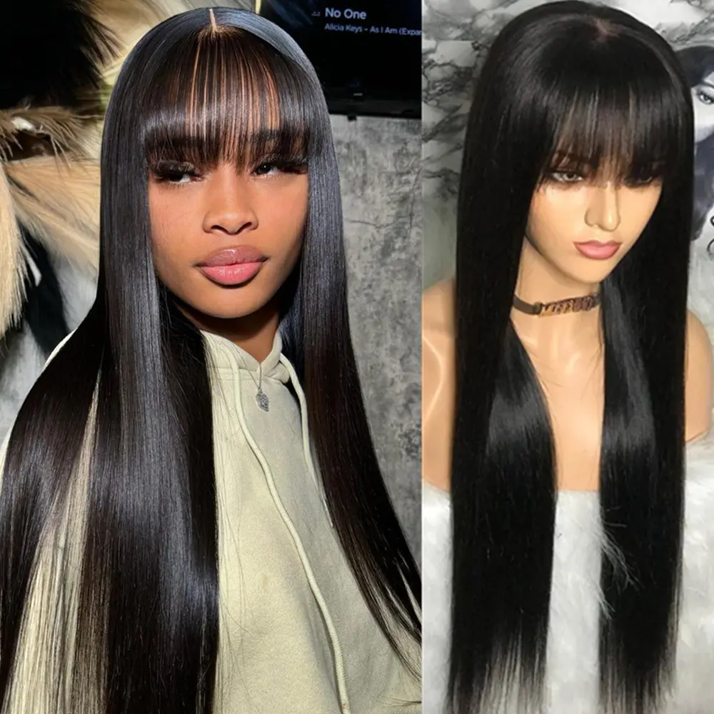 3x1 Lace Middle Part Human Hair Wig With Bang Bone Straight Natural Black Color For Women 30 Inch Cheap Machine Made Fringe Wig