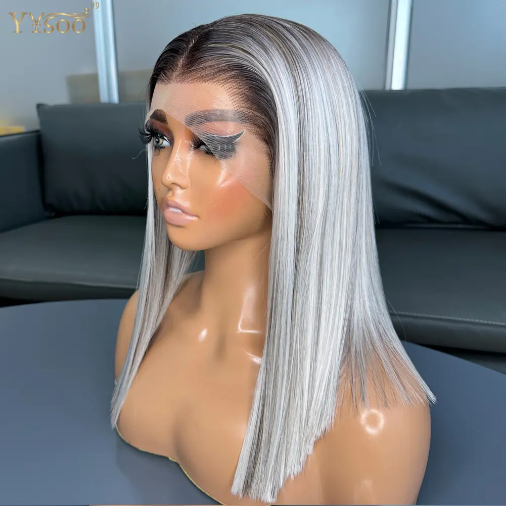 YYsoo Short Bob Highlights Silky Straight 13x4 Futura Synthetic Lace Front Wigs For Black Women Pre Plucked Half Hand Tied Wig