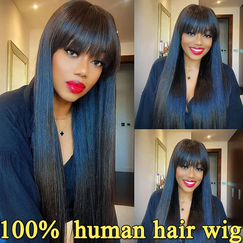 3x1 Lace Middle Part Human Hair Wig With Bang Bone Straight Natural Black Color For Women 30 Inch Cheap Machine Made Fringe Wig