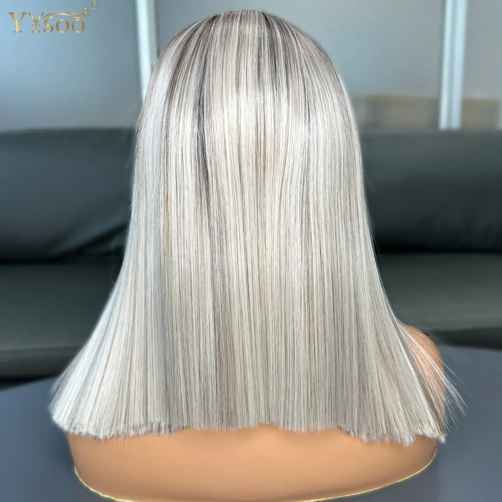 YYsoo Short Bob Highlights Silky Straight 13x4 Futura Synthetic Lace Front Wigs For Black Women Pre Plucked Half Hand Tied Wig