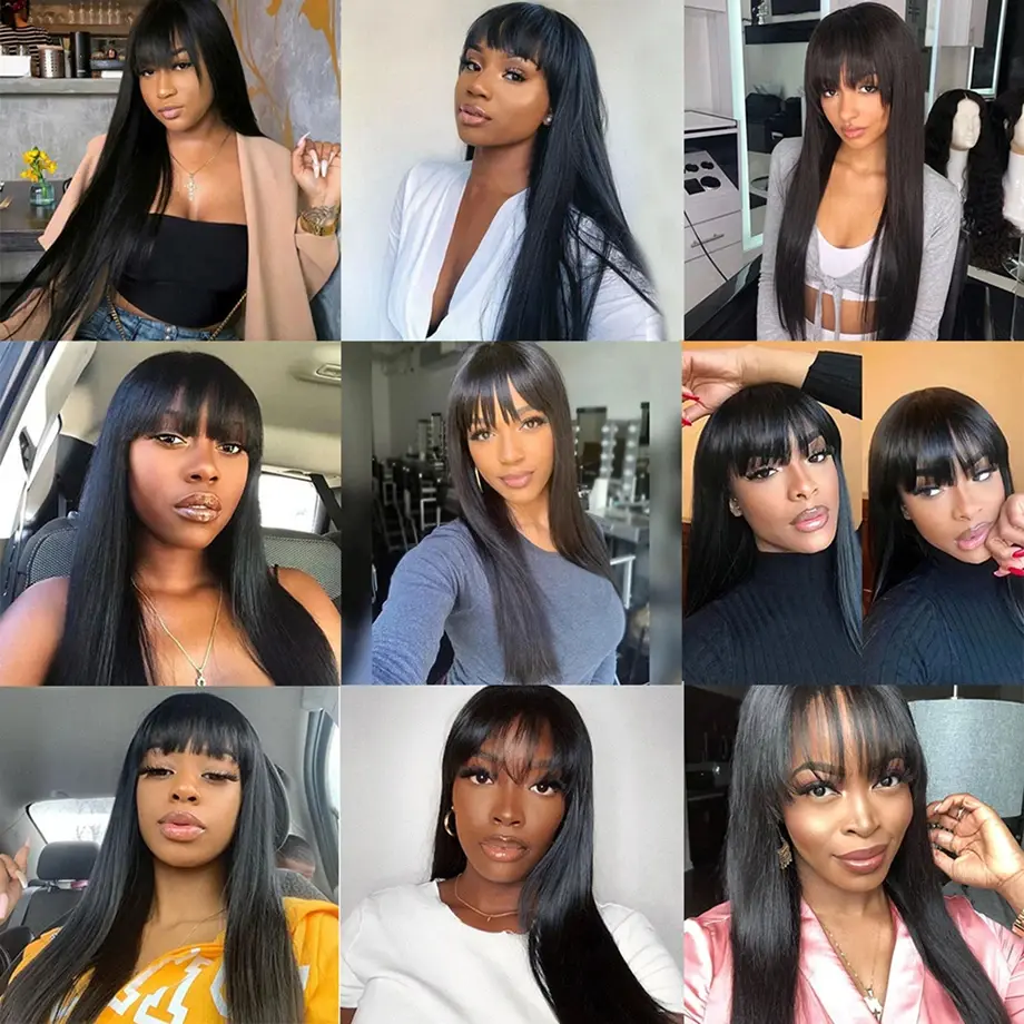 3x1 Lace Middle Part Human Hair Wig With Bang Bone Straight Natural Black Color For Women 30 Inch Cheap Machine Made Fringe Wig