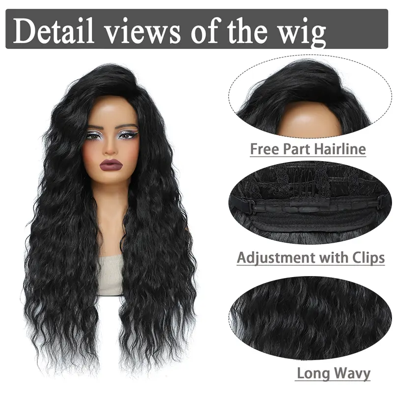 Curly Synthetic Wigs For Women 28 inches Soft Wavy black Highlight Wigs Heat Resistant  Fiber Wig  for Daily Party