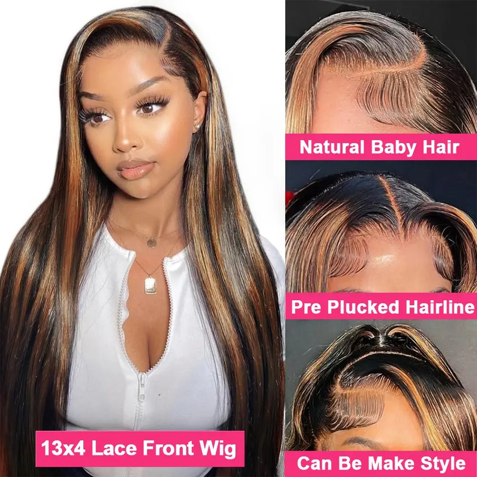 Highlight Straight Lace Frontal Wig 13x6 HD Layered Lace Front Wig Synthetic Pre Plucked Ombre Blonde Lace Front Wigs for Women