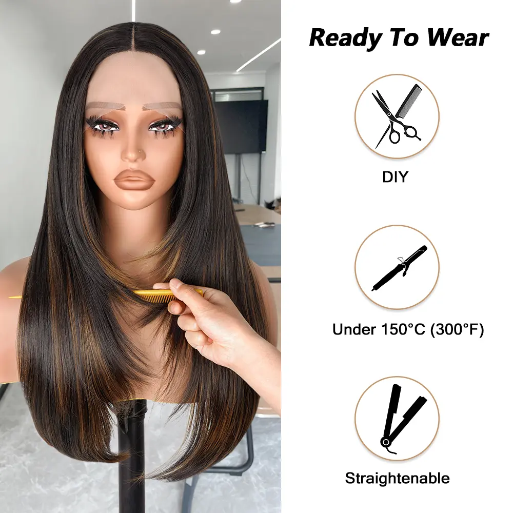 Highlight Straight Lace Frontal Wig 13x6 HD Layered Lace Front Wig Synthetic Pre Plucked Ombre Blonde Lace Front Wigs for Women
