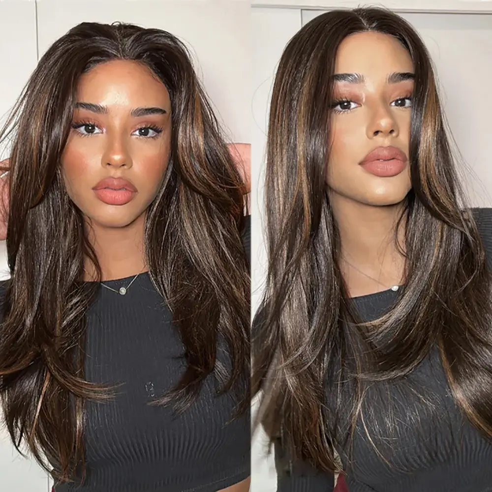 Highlight Straight Lace Frontal Wig 13x6 HD Layered Lace Front Wig Synthetic Pre Plucked Ombre Blonde Lace Front Wigs for Women