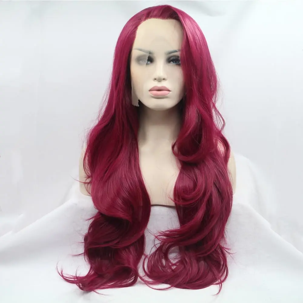 Synthetic Burgundy Lace front wigs  Heat Resistant Fiber Long Wavy Wig Burgundy Wine Wigs Side Part