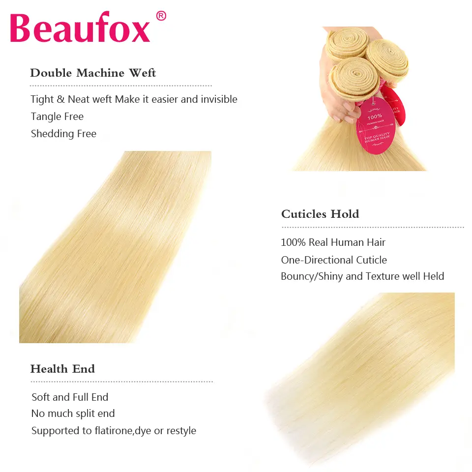 Beaufox 613 Blonde Straight Human Hair Bundles Brazilian Hair Weave Bundles Human Hair Double Weft Remy Virgin Hair Extensions