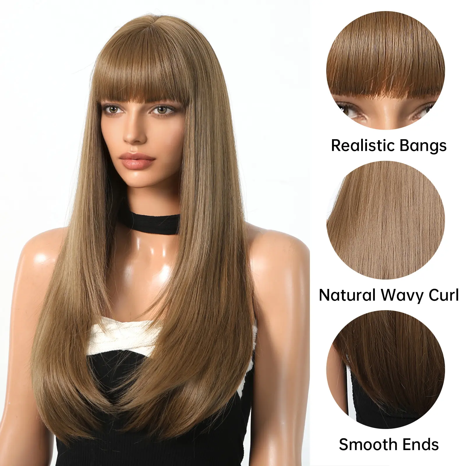 Light Brown Synthetic Wigs Long Straight Wig with Full Bangs Machine Made Wig for Black White Women Daily Use Wig Heat Resistant