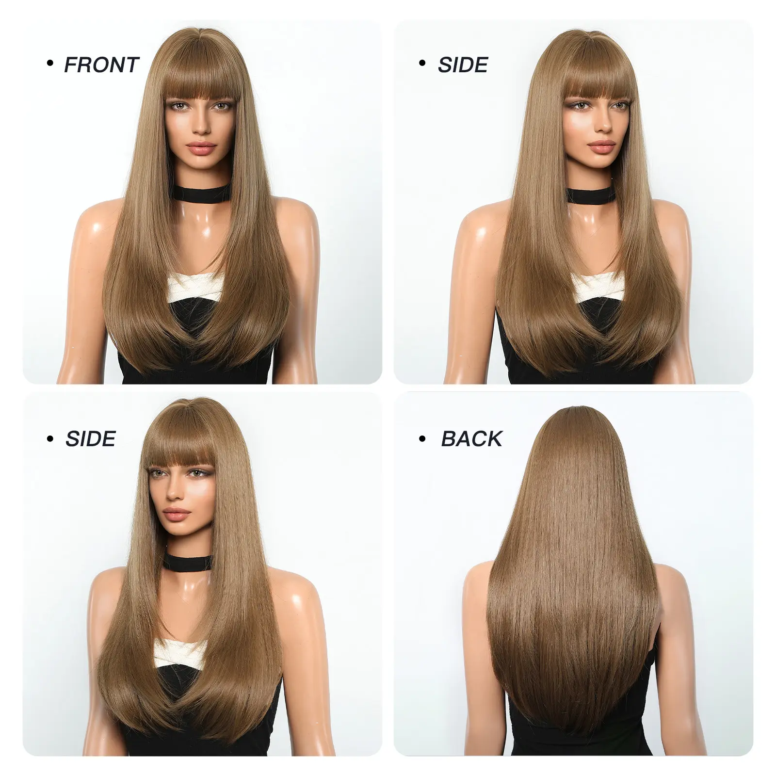 Light Brown Synthetic Wigs Long Straight Wig with Full Bangs Machine Made Wig for Black White Women Daily Use Wig Heat Resistant