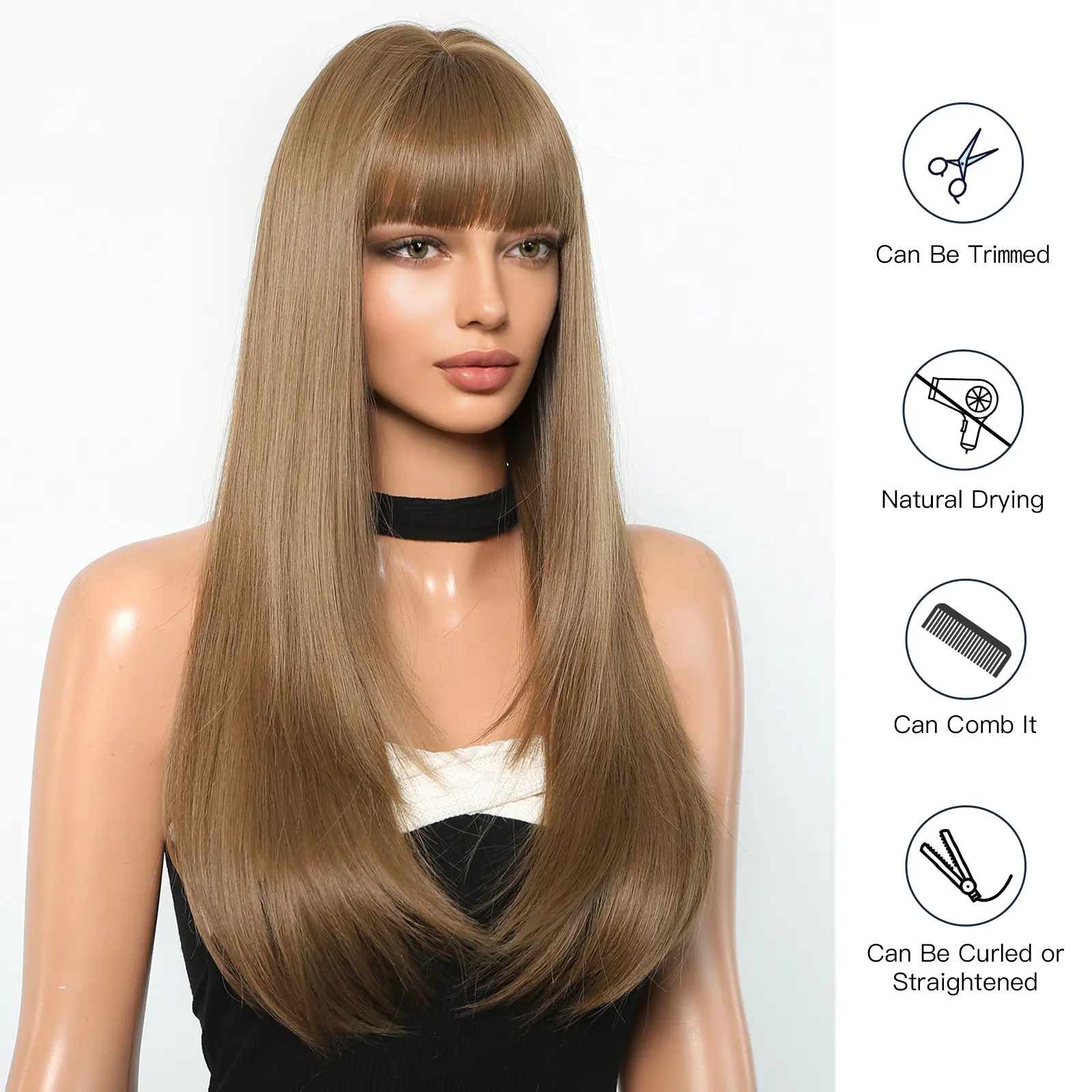 Light Brown Synthetic Wigs Long Straight Wig with Full Bangs Machine Made Wig for Black White Women Daily Use Wig Heat Resistant