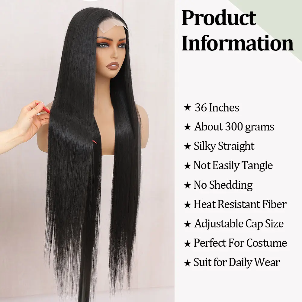 4*4 Lace Front Wigs Straight Wigs With High Quality Natural Black 36 Inches Synthetic Heat Resistant Wigs 250 Density