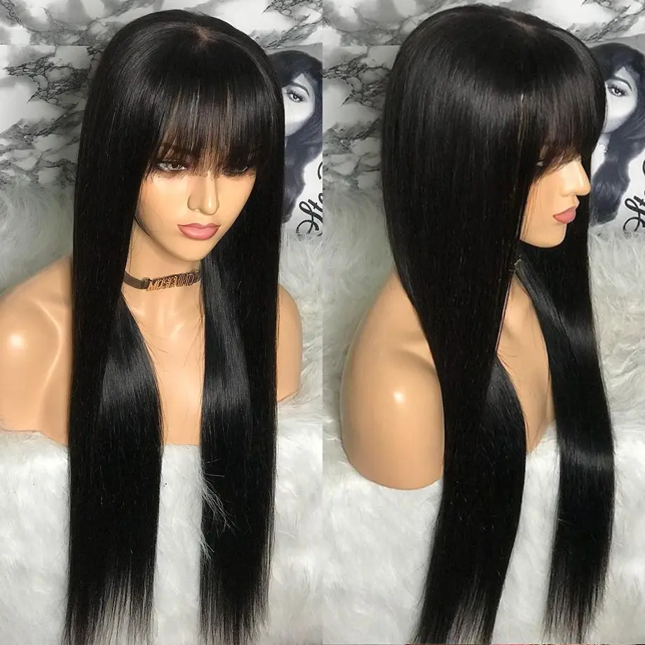 3X1 Middle Part Lace Wig Bone Straight Human Hair Wig With Bangs Brazilian Full Machine Made 100% Human Hair Wigs For Women