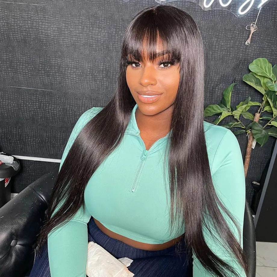 3X1 Middle Part Lace Wig Bone Straight Human Hair Wig With Bangs Brazilian Full Machine Made 100% Human Hair Wigs For Women