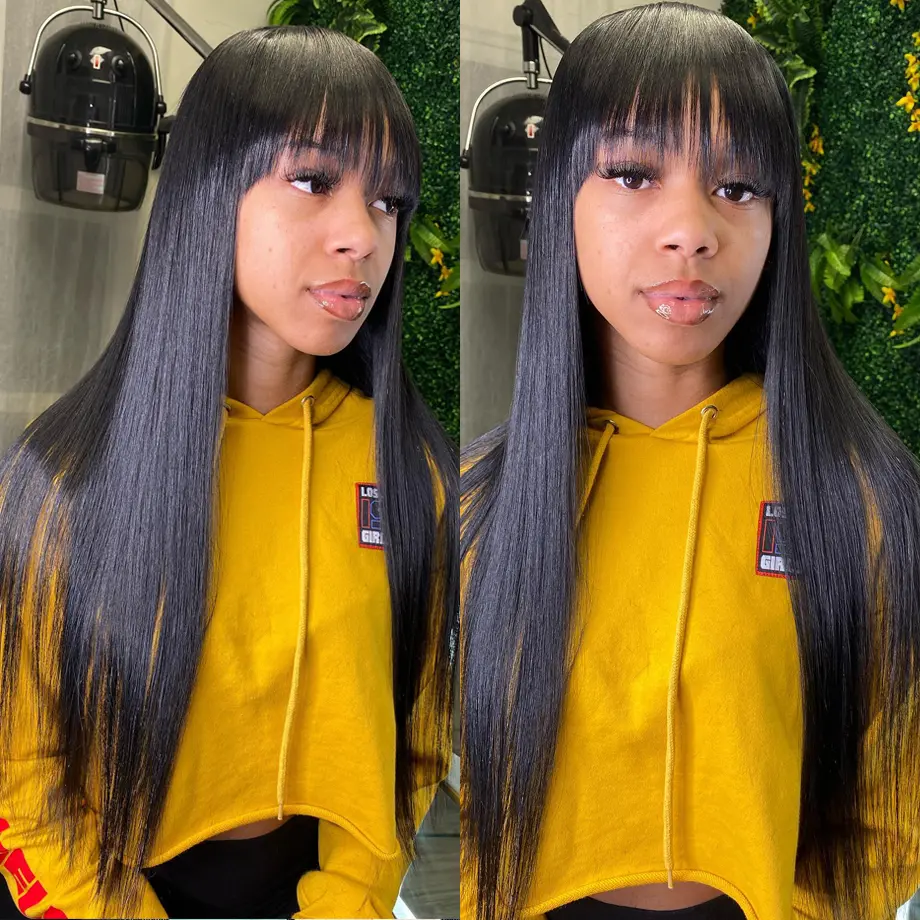 3X1 Middle Part Lace Wig Bone Straight Human Hair Wig With Bangs Brazilian Full Machine Made 100% Human Hair Wigs For Women