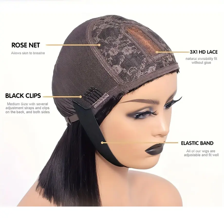 3X1 Middle Part Lace Wig Bone Straight Human Hair Wig With Bangs Brazilian Full Machine Made 100% Human Hair Wigs For Women