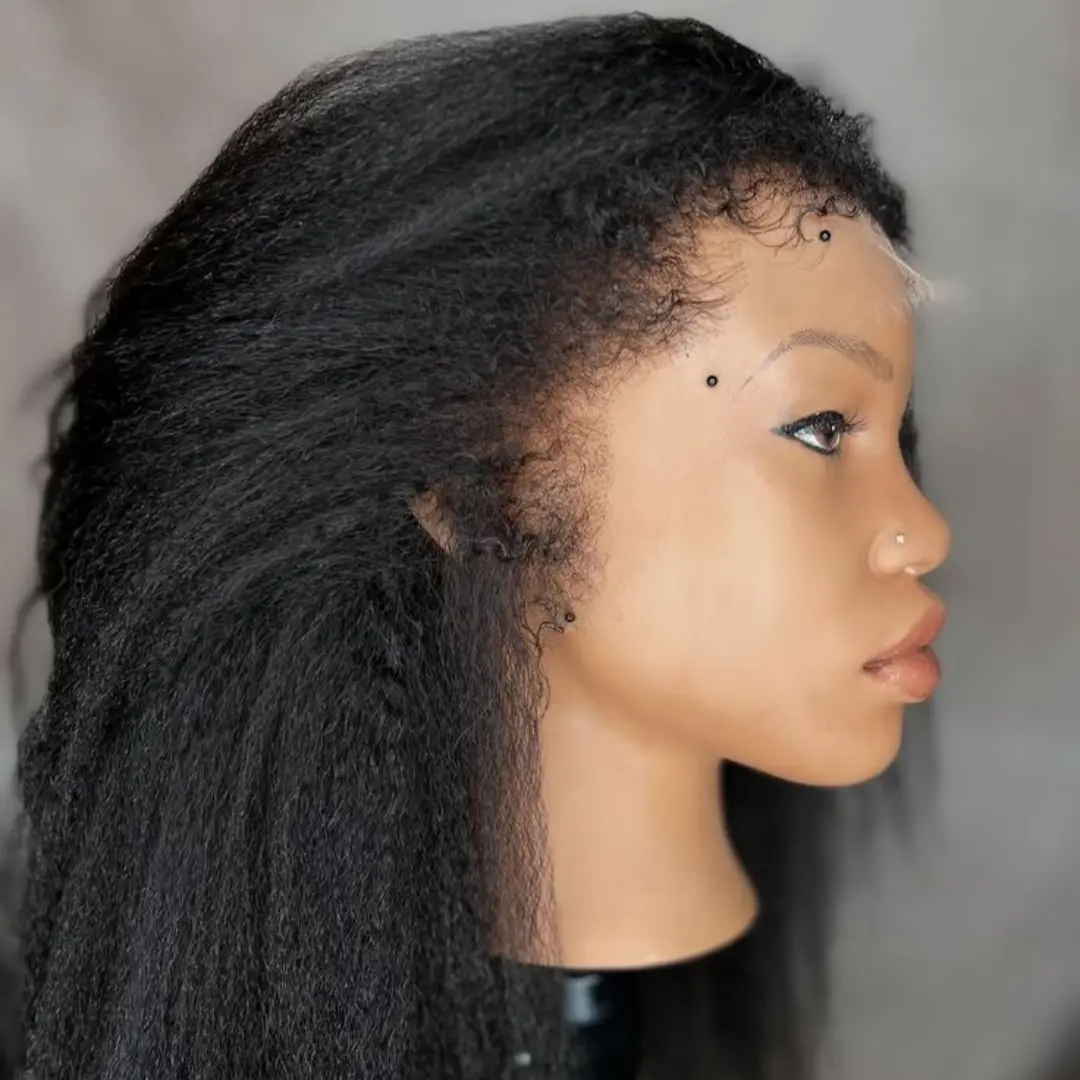 26Inch Soft Yaki Preplucked Black Color 180Density Kinky Straight Lace Front Wig Synthetic Baby Hair Glueless Daily Wear Wig