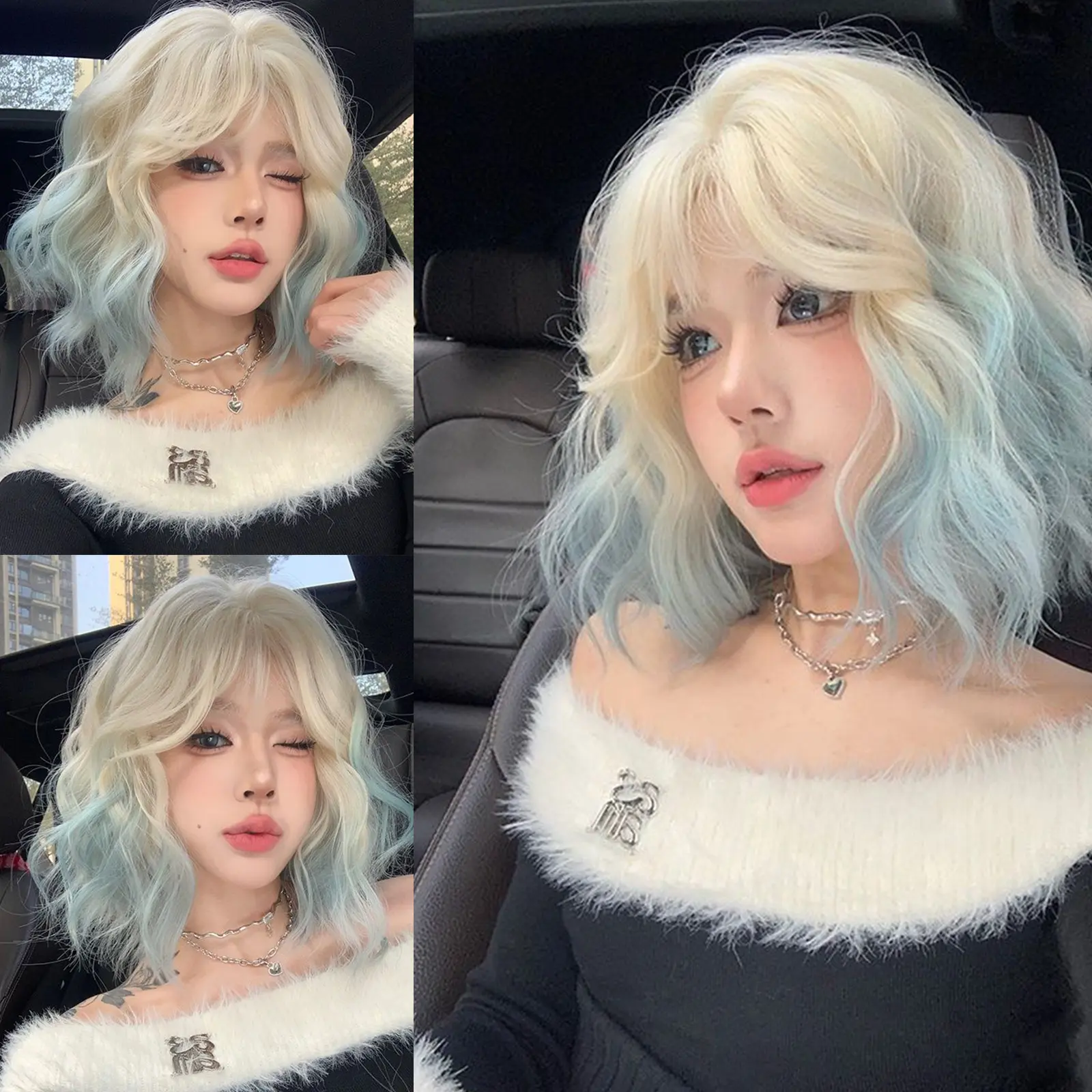 Omber Short Curly Synthetic Wig Hair For Full Head Ombre Pink And Blue BOB Wig With Big Area Natural Simulated Scalp Girl's