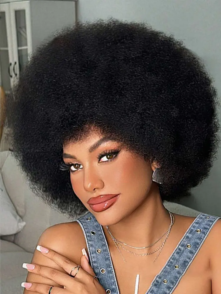 Afro Fluffy Curly Human Hair Wigs 70S Jerry Curl Wig One Wig Two Stlyes Glueless Wig Puffy Bouncy Wig Bouncy Wet and Dry Styling