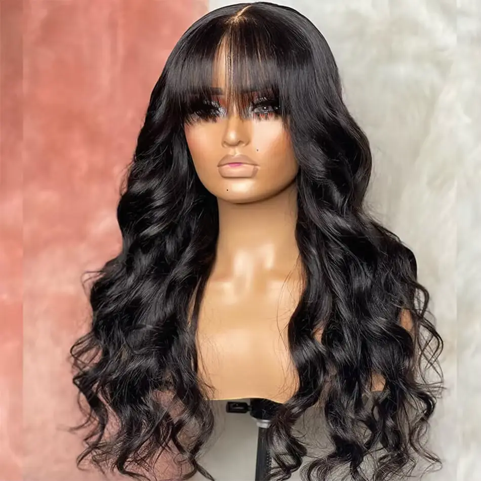 30 Inch Body Wave Human Hair Wigs With Bangs Full Machine Made Scalp Wig For Women Brazilian Remy Hair Fringe Bangs Wig 30 Inch