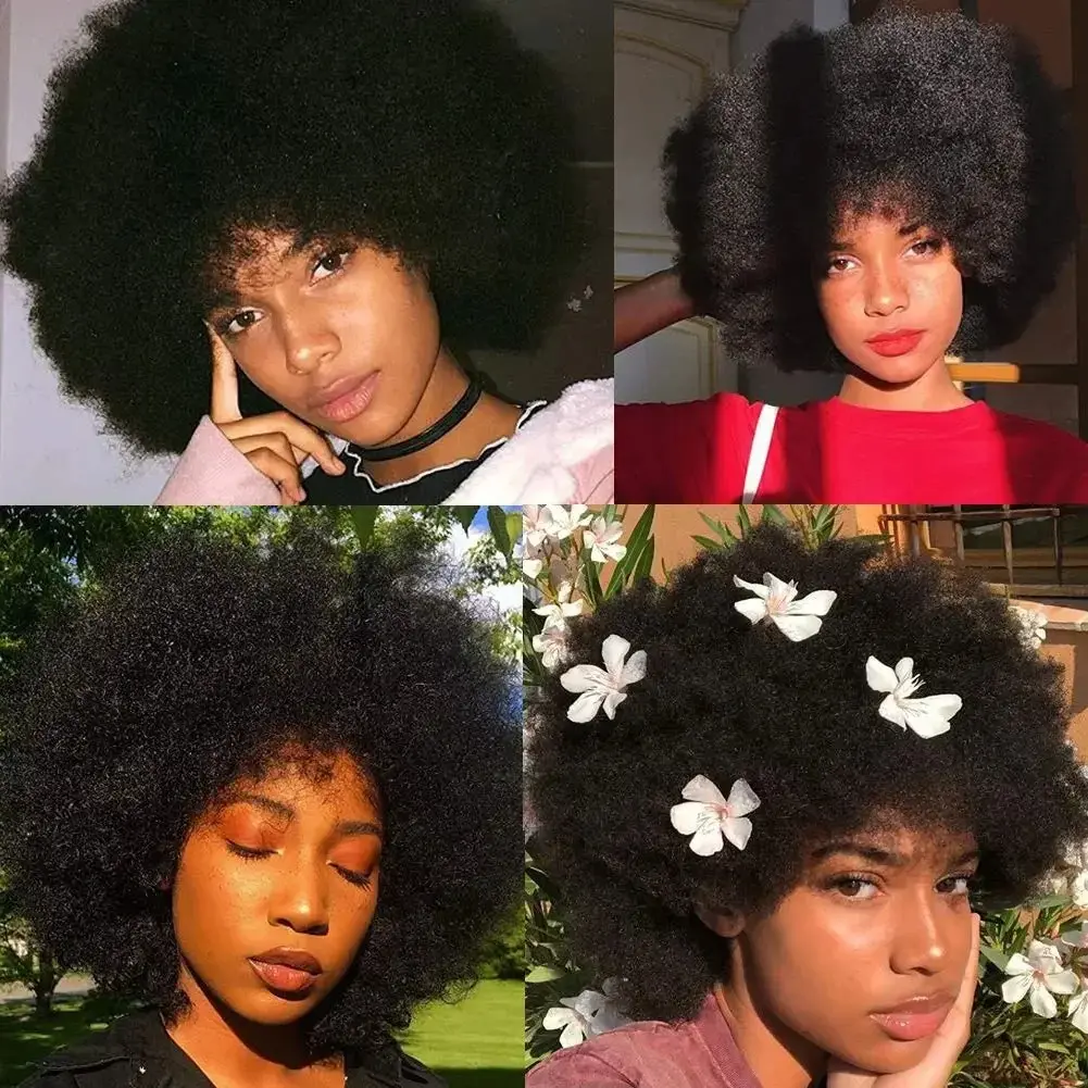 Afro Fluffy Curly Human Hair Wigs 70S Jerry Curl Wig One Wig Two Stlyes Glueless Wig Puffy Bouncy Wig Bouncy Wet and Dry Styling