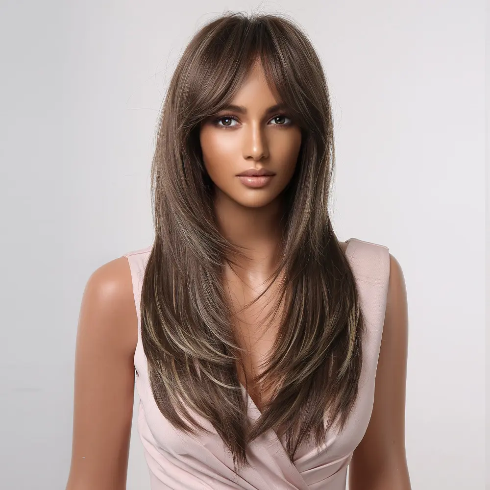 ALAN EATON Long Straight Layered Synthetic Wigs with Bangs Blonde Highlights on Brown Wigs for Black Women Afro Daily Party Hair