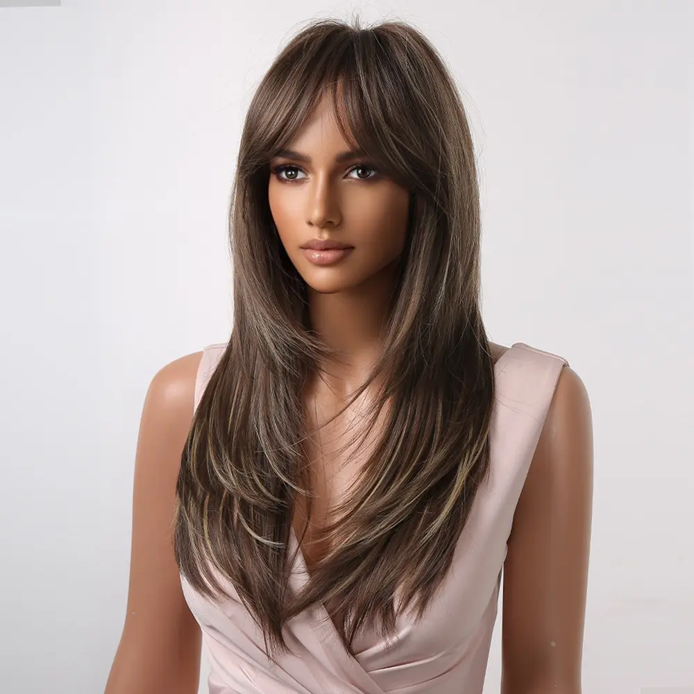 ALAN EATON Long Straight Layered Synthetic Wigs with Bangs Blonde Highlights on Brown Wigs for Black Women Afro Daily Party Hair