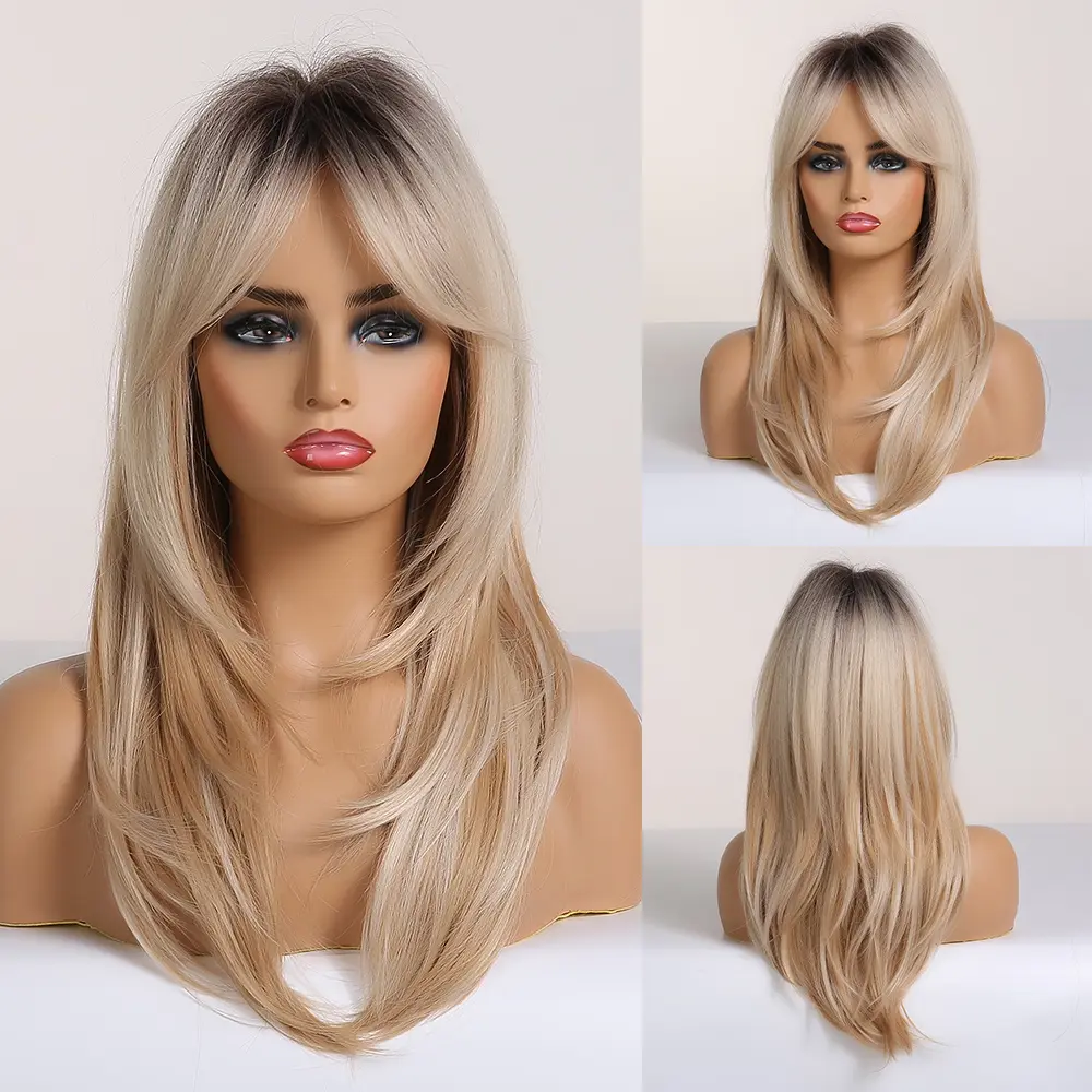 ALAN EATON Long Straight Layered Synthetic Wigs with Bangs Blonde Highlights on Brown Wigs for Black Women Afro Daily Party Hair