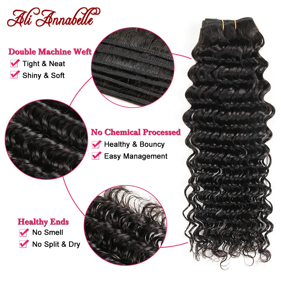 Ali Annabelle Peruvian Deep Wave Bundles 100% Human Hair Bundles 1/3/4 Deep Curly Bundle Deals 10-28inch Natural Remy Hair Weave