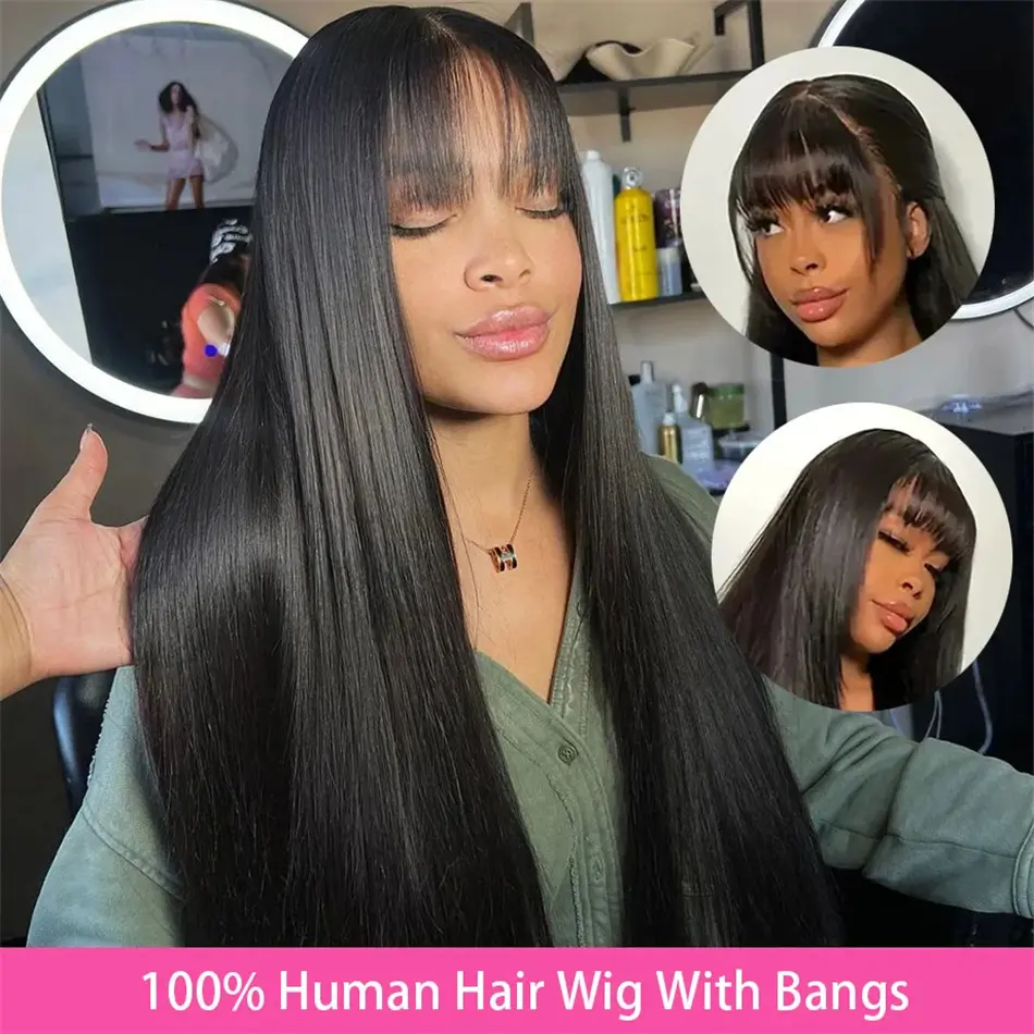 Straight Human Hair Wig With Bangs 3x1 Middle Part Lace Wig Straight Wig Human Hair Ready To Wear Brazilian Human Hair Wigs 100%