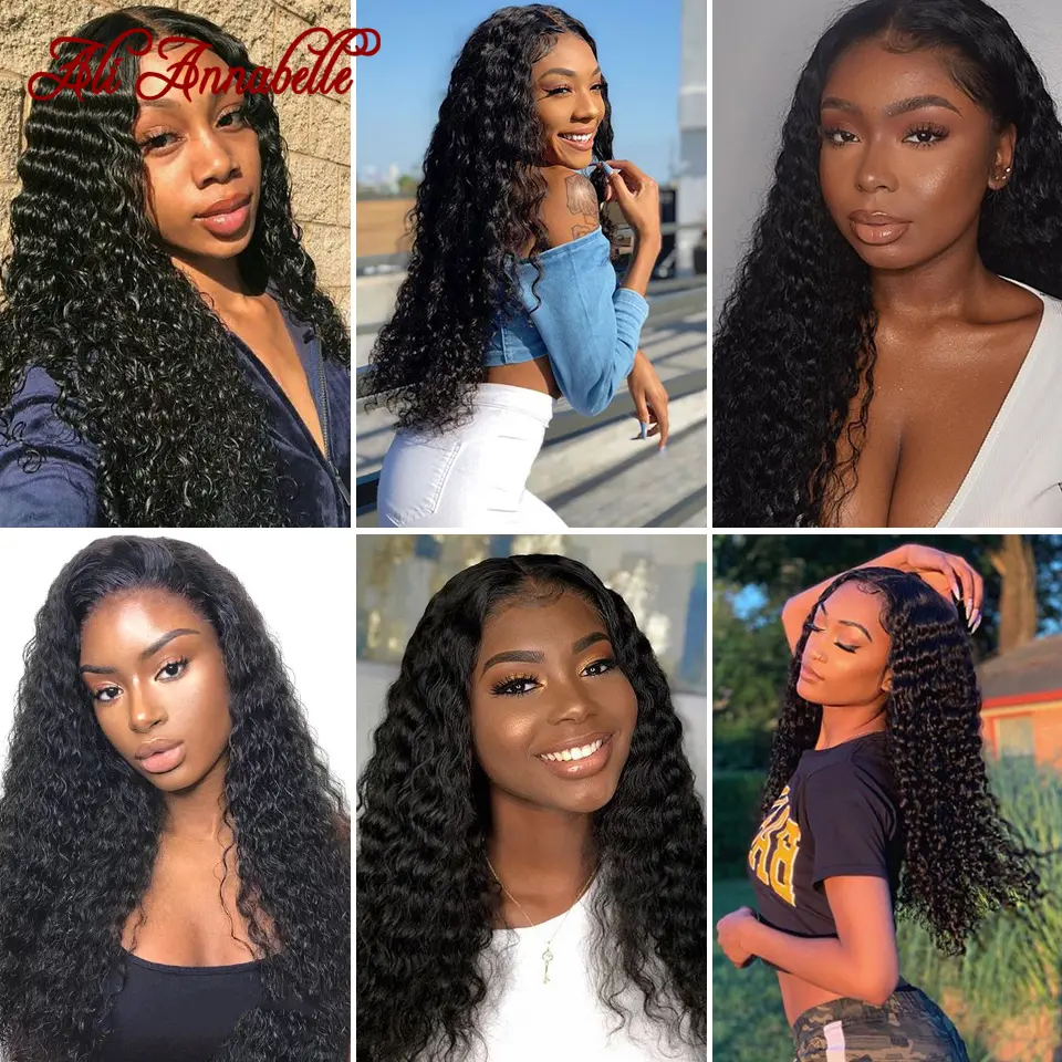 Ali Annabelle Peruvian Deep Wave Bundles 100% Human Hair Bundles 1/3/4 Deep Curly Bundle Deals 10-28inch Natural Remy Hair Weave