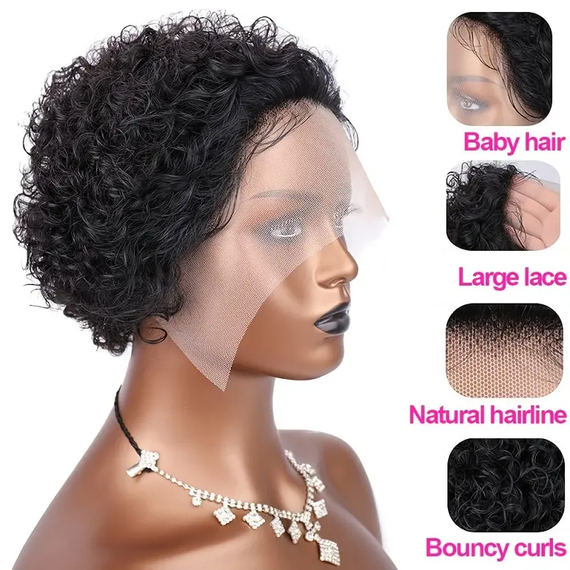 Short Curly Pixie Cut Lace Front Wigs Human Hair 6 Inch 13X1 Short Curly Human Hair Wigs Short Wigs for Women Natural Color