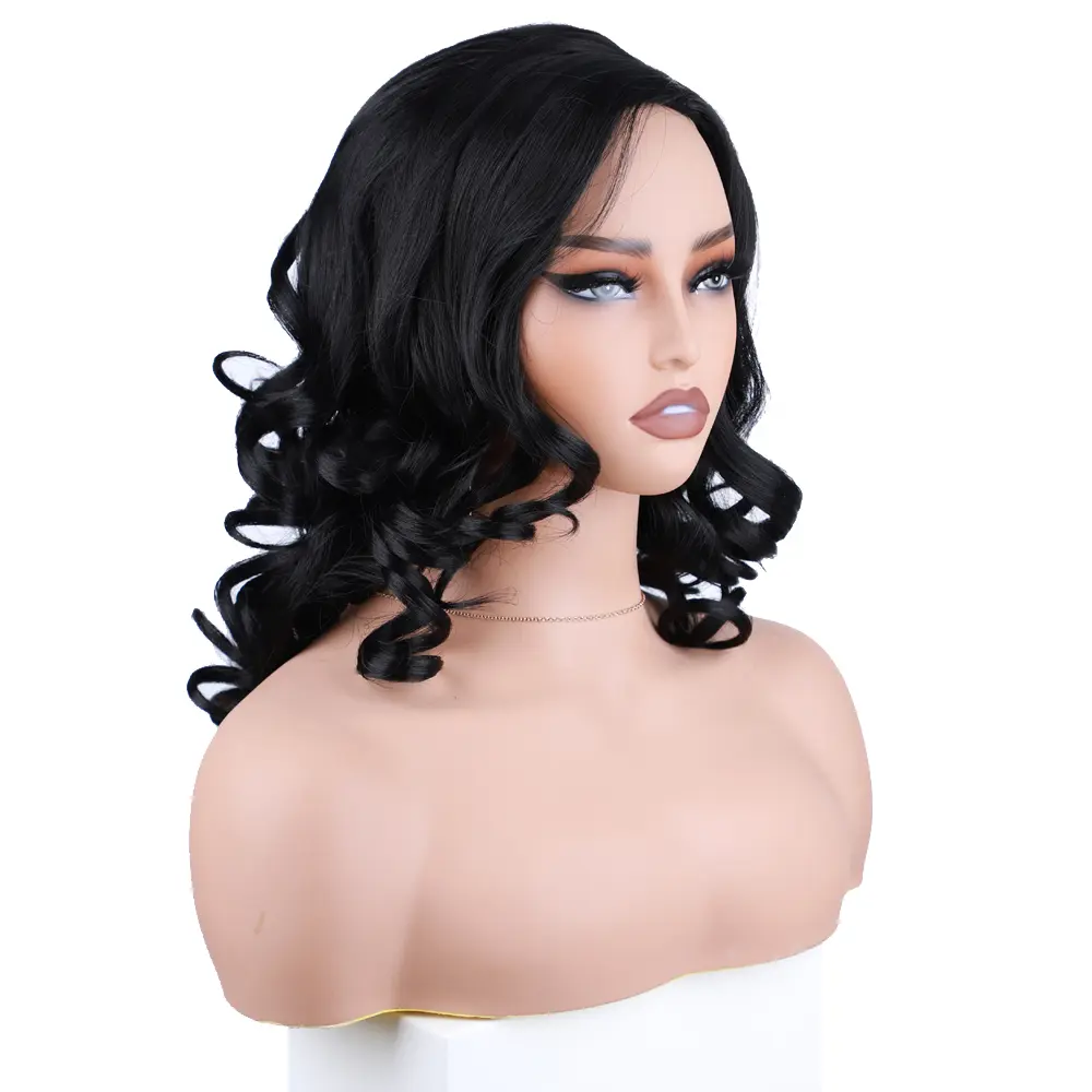 Bouncy Curly Synthetic Wig for Black Women Black Curly Synthetic Hair Side Part Daily Wigs Synthetic Curly Wigs Rubber Scalp Wig
