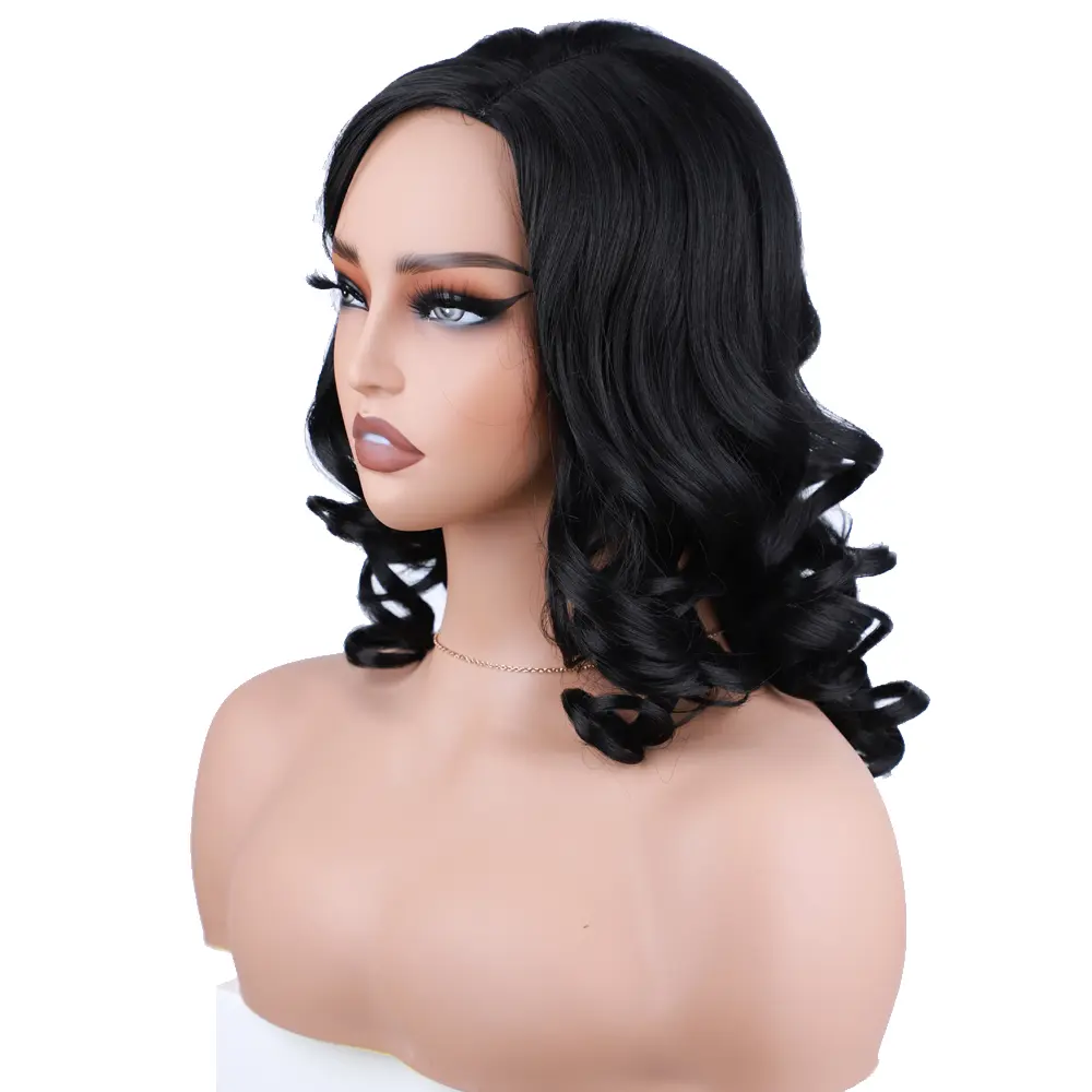Bouncy Curly Synthetic Wig for Black Women Black Curly Synthetic Hair Side Part Daily Wigs Synthetic Curly Wigs Rubber Scalp Wig