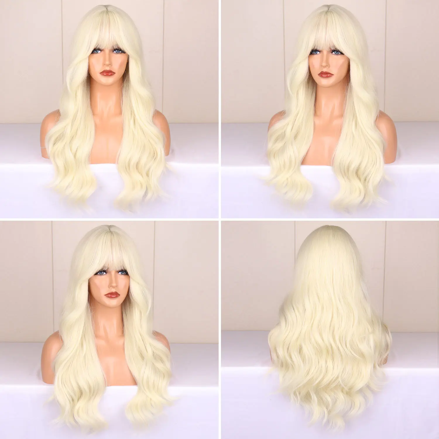 Blonde synthetic wig with straight bangs Ladies Cosplay wig High temperature silk wig set with big waves and long curly hair