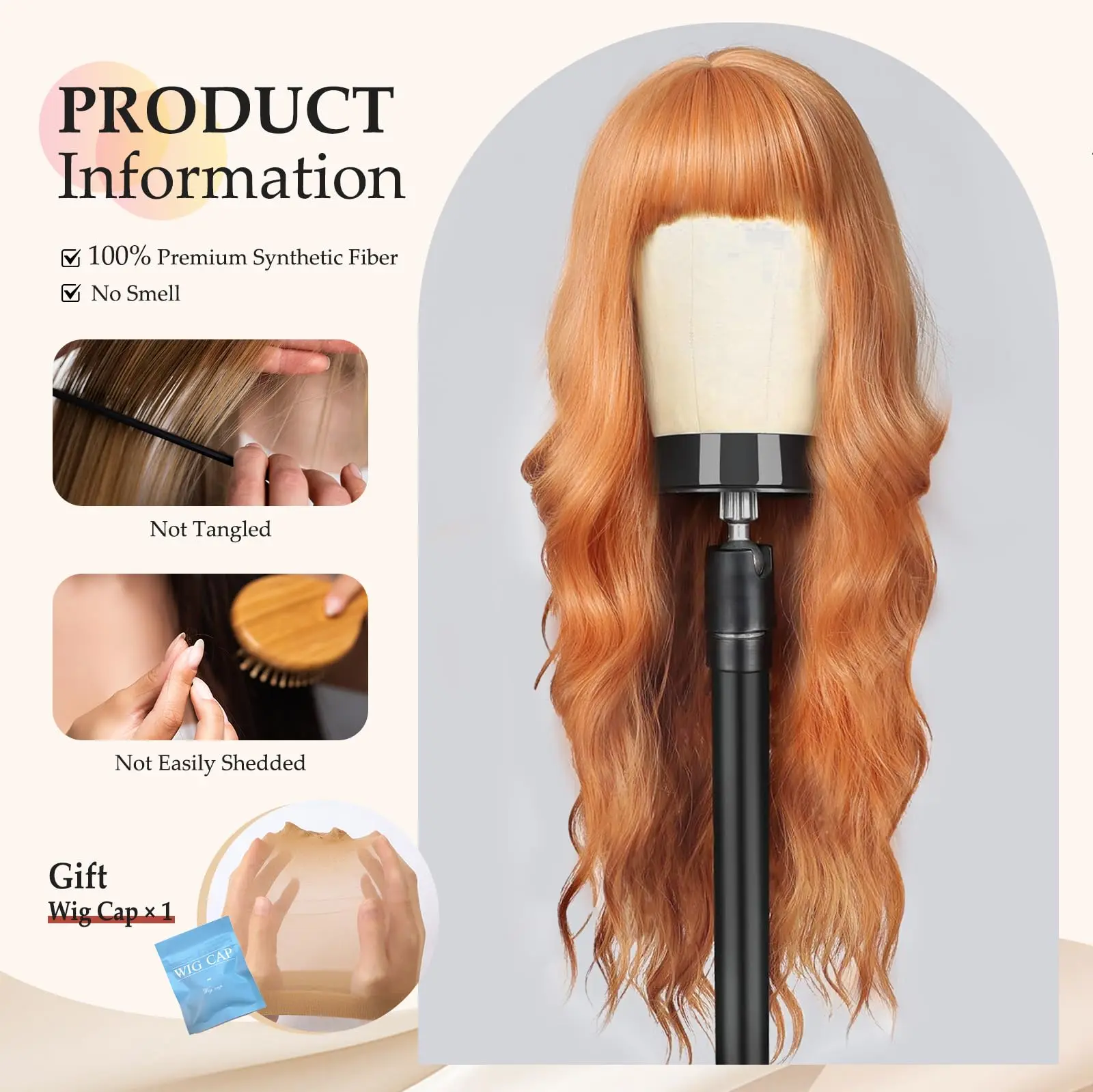 Orange synthetic wig with big waves for party, Halloween cosplay, daily use wig, high-temperature hair accessory