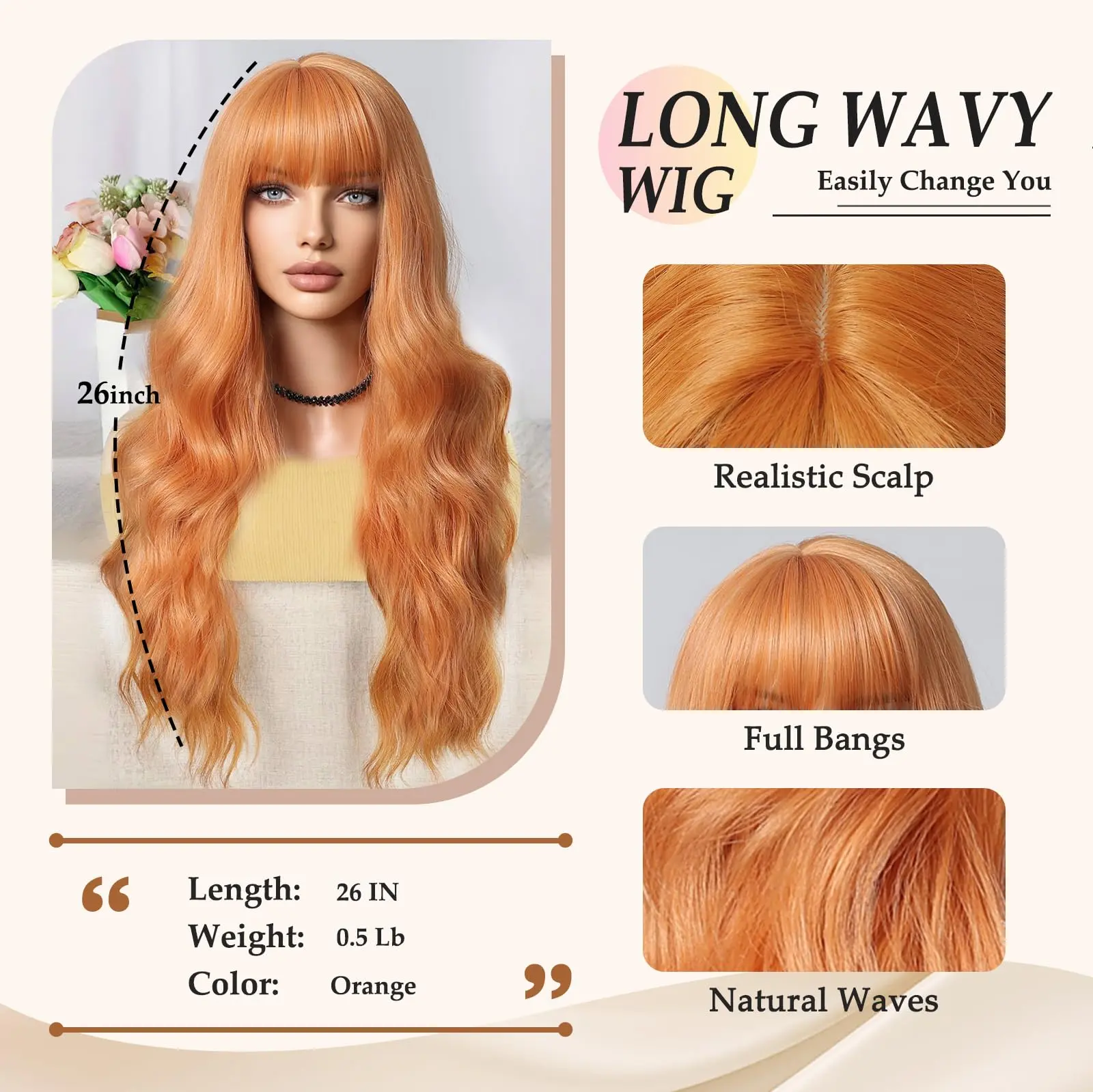 Orange synthetic wig with big waves for party, Halloween cosplay, daily use wig, high-temperature hair accessory