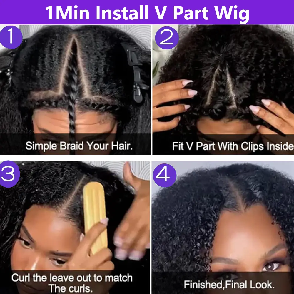 Glueless V Part Wigs Human Hair Brazilian 70s Afro Kinky Curly Upgrade U Part Human Hair Wig Kinky Curly Short Bob Pixie Cut Wig