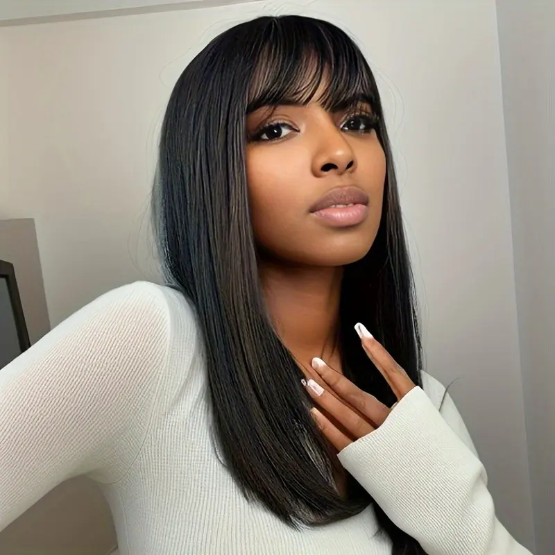 Hair Extensions Synthetic Fiber African Wigs for Women Natural Breathable Head Cover Hat Black Medium Long Straight Ladies Wig