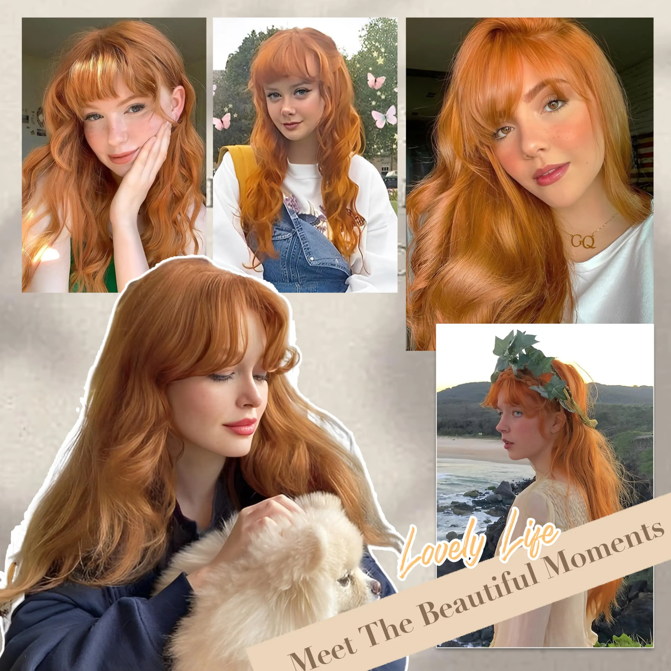 Orange synthetic wig with big waves for party, Halloween cosplay, daily use wig, high-temperature hair accessory