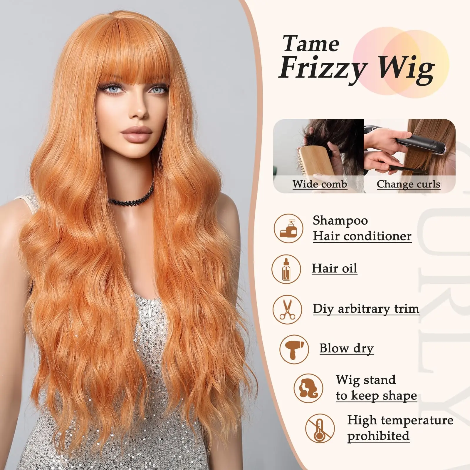 Orange synthetic wig with big waves for party, Halloween cosplay, daily use wig, high-temperature hair accessory