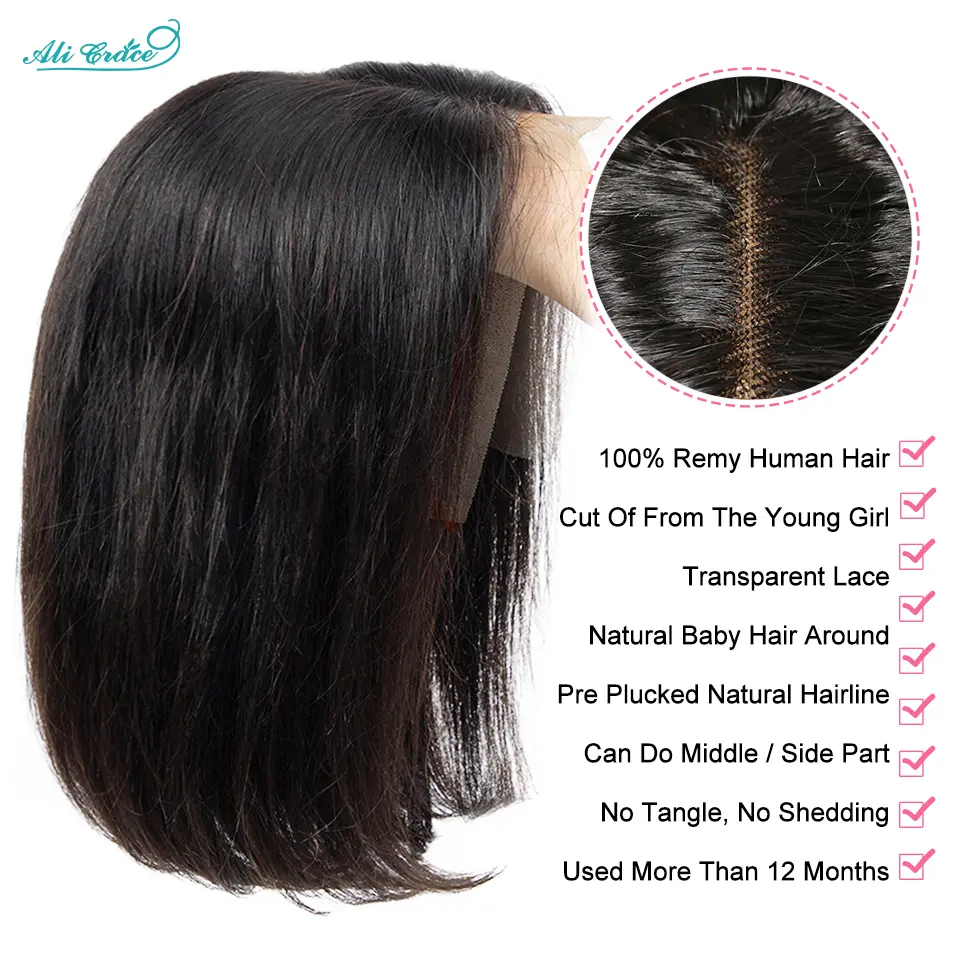 Ali Grace Straight Hair Bob Wigs 4x4 13x4 Lace Front Human Hair Wigs Brazilian Straight Hair Pre-Plucked Blunt Bob Wig Clearance