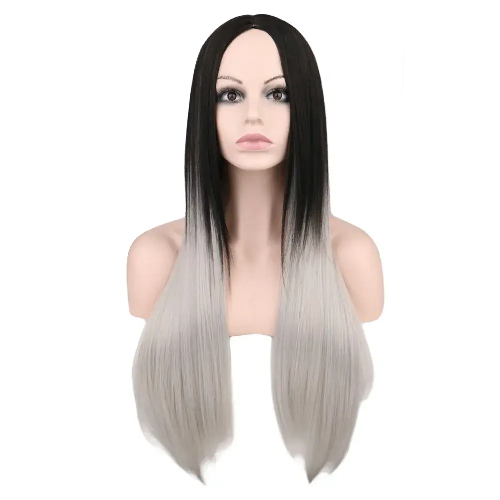 Synthetic Wigs for Women Long Straight Black Ombre Grey Wigs Middle Part Daily Use Costume Wigs