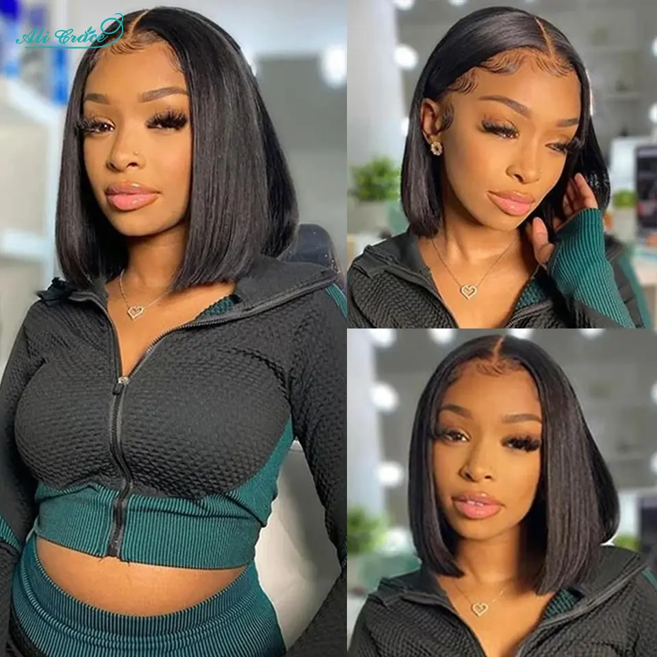 Ali Grace Straight Hair Bob Wigs 4x4 13x4 Lace Front Human Hair Wigs Brazilian Straight Hair Pre-Plucked Blunt Bob Wig Clearance