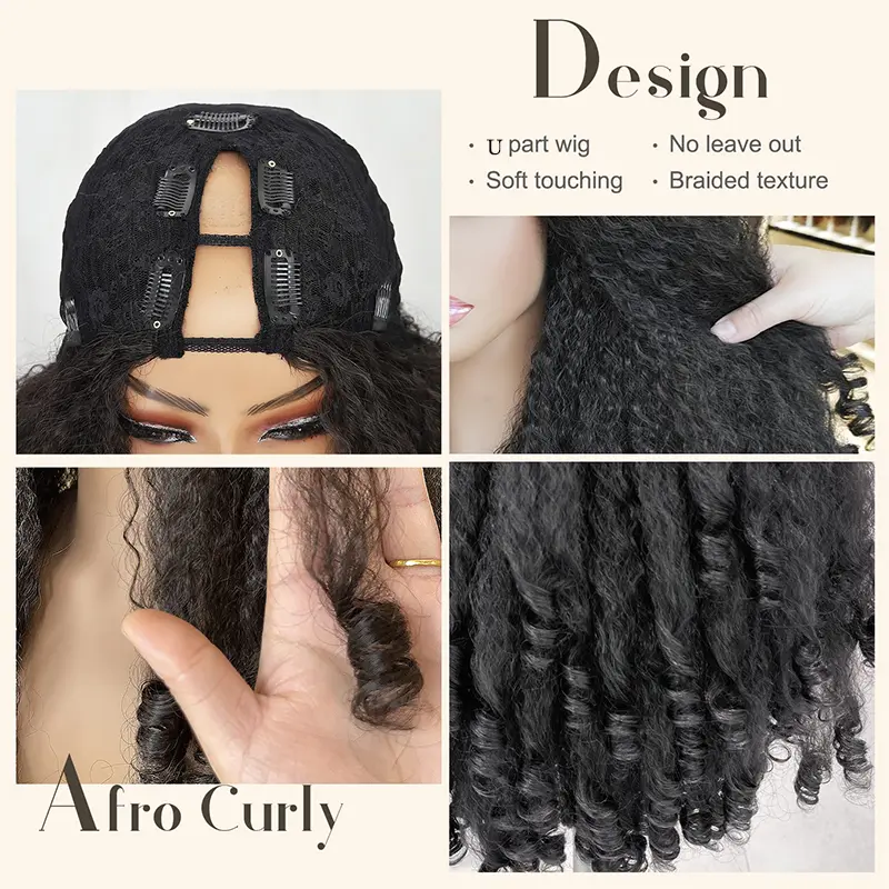 Afro Curly U Part Wig Synthetic Braided Hair Texture with Unique Bouncy Curls in the End 24 Inch Soft Kinky Curly Full Hair Wigs