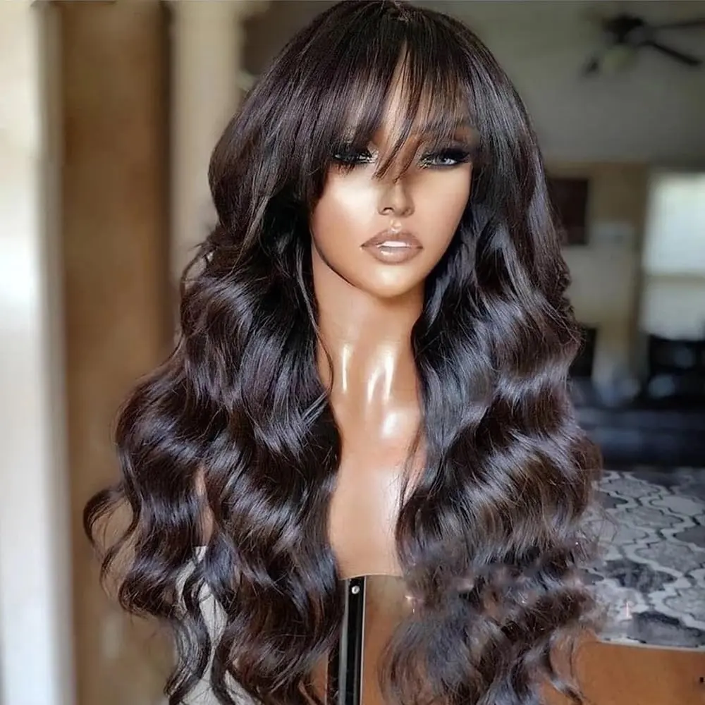 30 inch Body Wave Human Hair Wigs with Bangs Full Machine Made Scalp Top Wig 180% Density Brazilian Remy Hair Fringe Bangs Wig