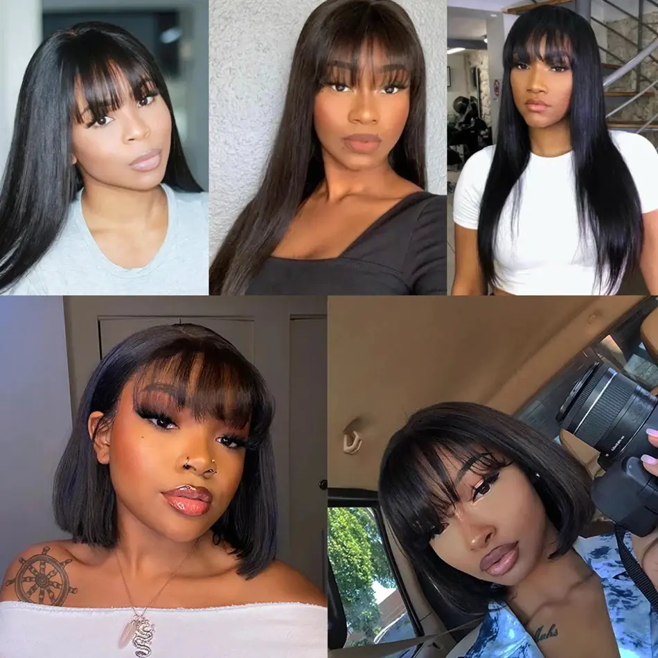 Bone Straight 200% Density Human Hair Wigs With Bangs Full Machine Made Wig Cheap Brazilian Hair Wigs 3x1 HD Lace Wigs on Sale