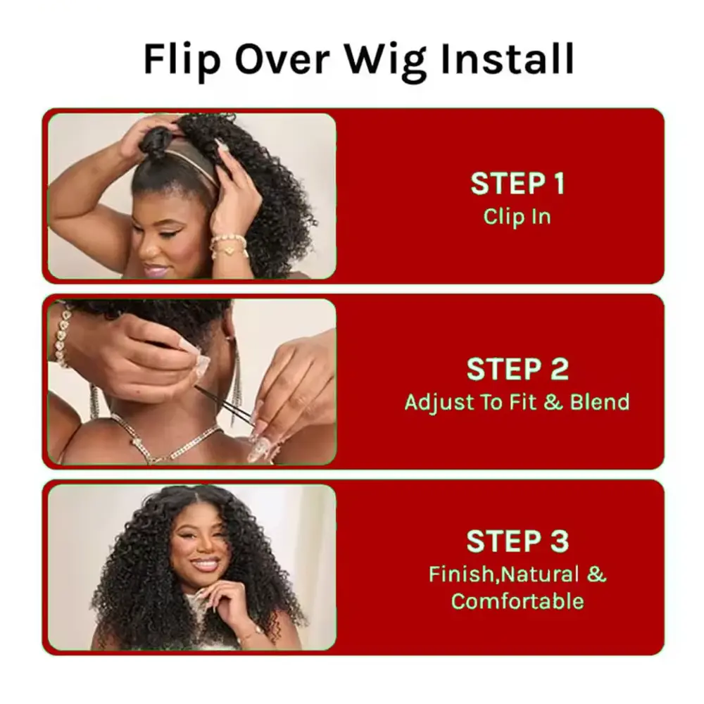 Half Wig Human Hair Kinky Curly Wig Human Hair Ready to Wear 3 IN 1 Half Wig With Drawstring 200 Density Curly Half Wigs 16 Inch