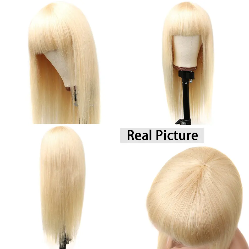 613 Honey Blonde Straight Human Hair Wig With Bangs Remy Hair Fringe Wigs For Women 180%Full Density Machine Made Wig With Bangs