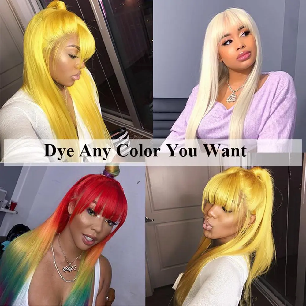613 Honey Blonde Straight Human Hair Wig With Bangs Remy Hair Fringe Wigs For Women 180%Full Density Machine Made Wig With Bangs